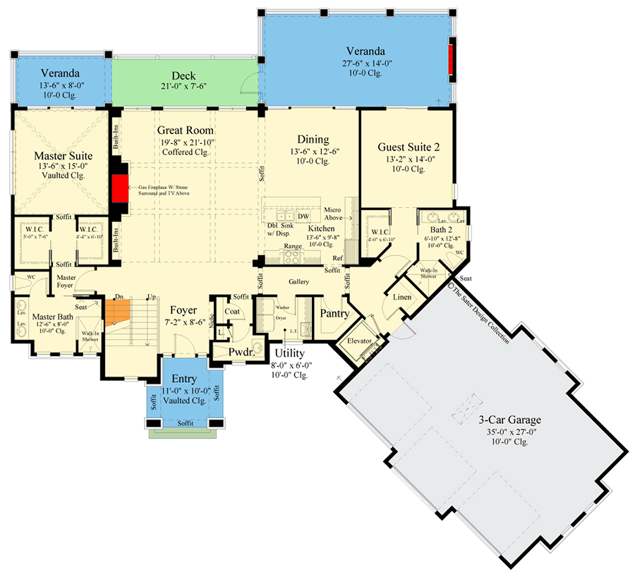Plan 340130STR: 4-Bed Contemporary Coastal House Plan with Walkout Basement - 4323 Sq Ft - Floor Plan - Main Level - Coastal, Coastal Contemporary, Florida-Style, Mediterranean, Prairie, Transitional