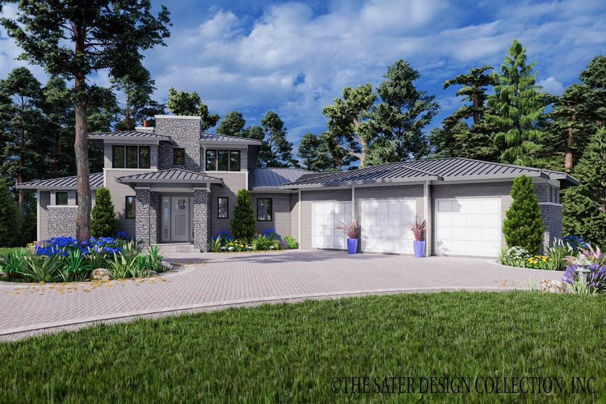 House plan exterior. Two-story Modern house with a stone and siding facade, flat rooflines, and a three-car garage. Driveway leads to entry.