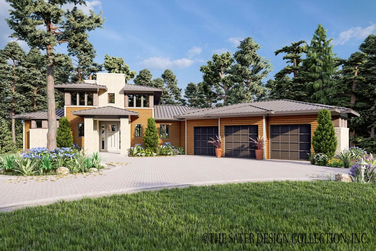 Modern house plan exterior with a two-story main section, wood siding, stone accents, metal roof, and a three-car garage.