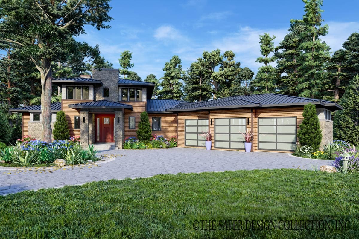 Modern house plan exterior with wood siding, stone accents, red front door, and three-car garage with glass-paneled doors.