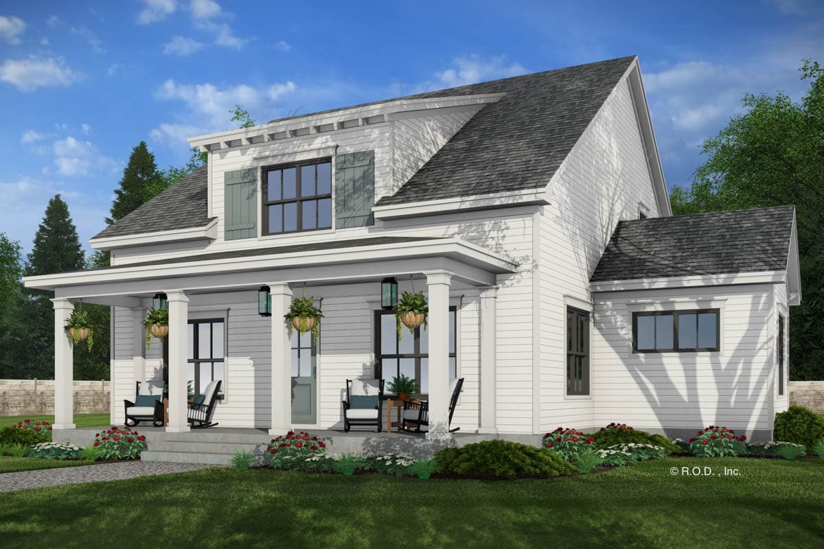 House plan exterior with Craftsman style. Features include a front porch with columns, gables, and dormers. Two-story structure with a gray roof.