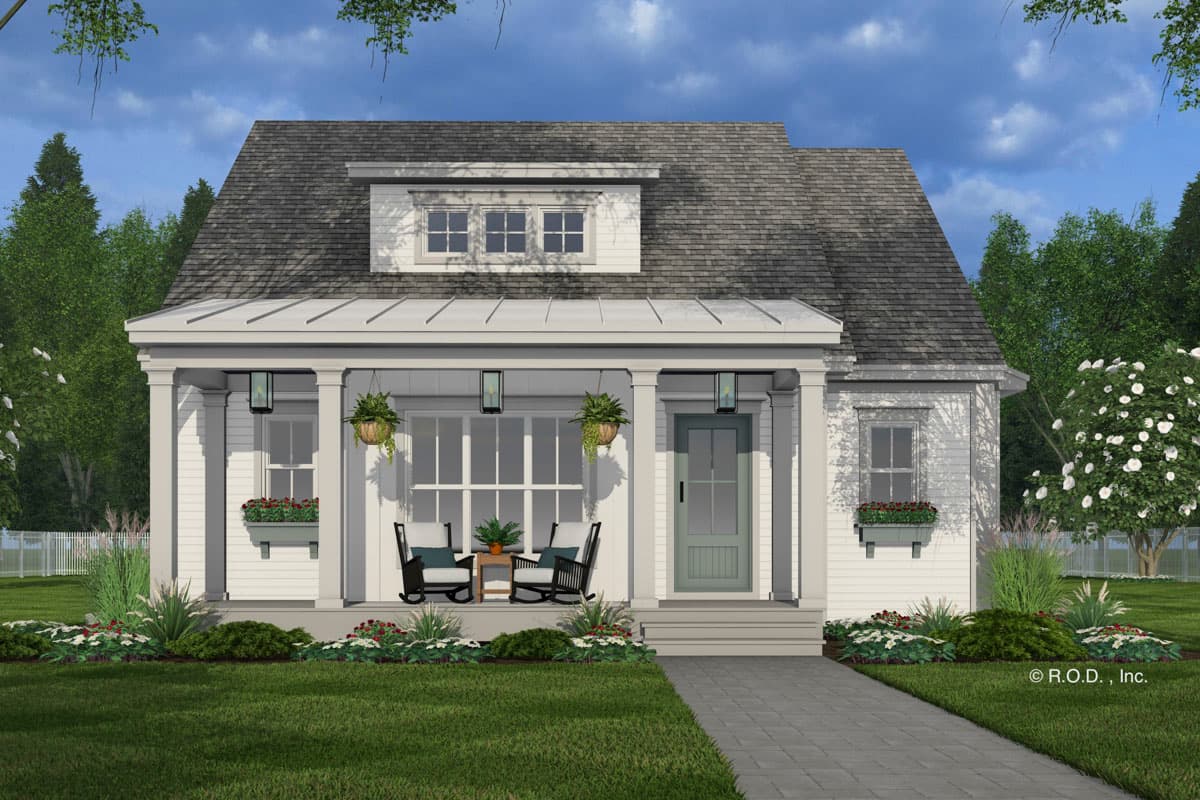 House plan exterior. One-story Cottage style with a covered porch supported by columns. Features include gabled roof, dormer, and window boxes.