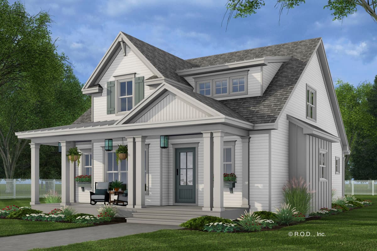 House plan exterior. Two-story farmhouse with a front porch, gables, dormers, and a prominent roofline.