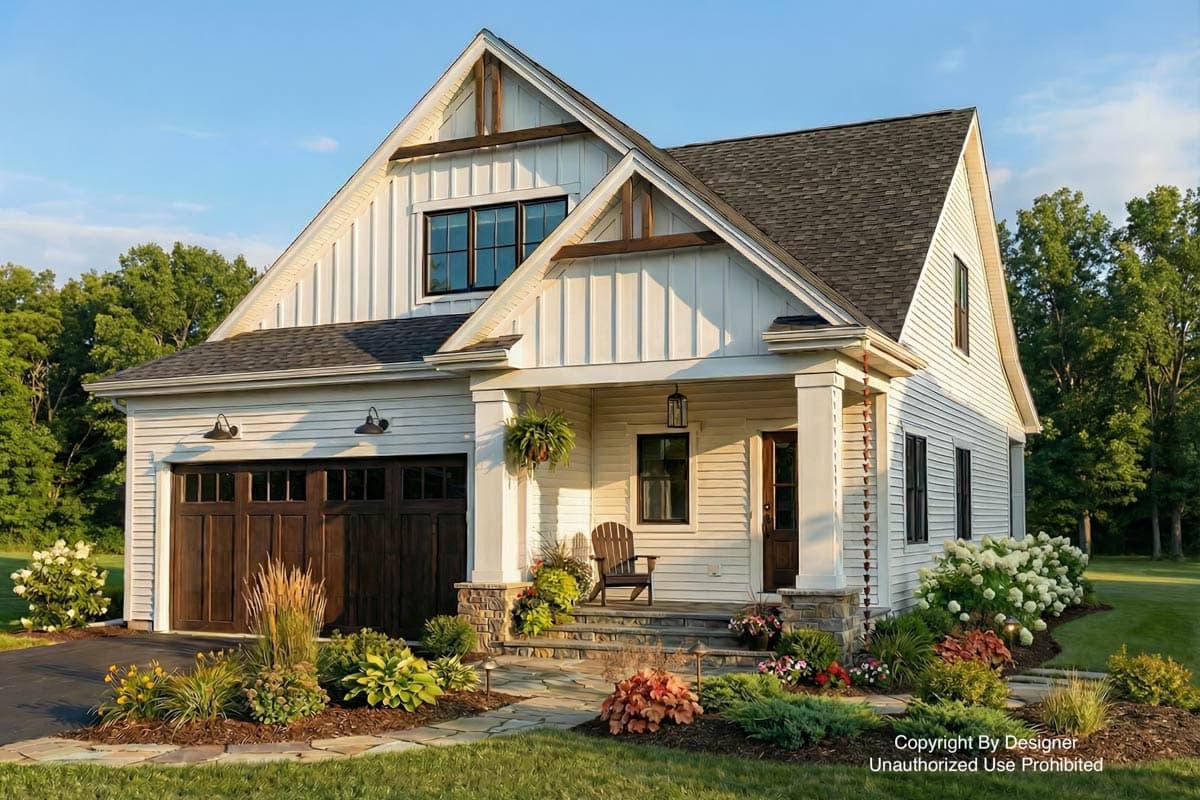 A charming two-story house with white siding and a dark brown garage door, front porch with a wooden chair, and landscaping.