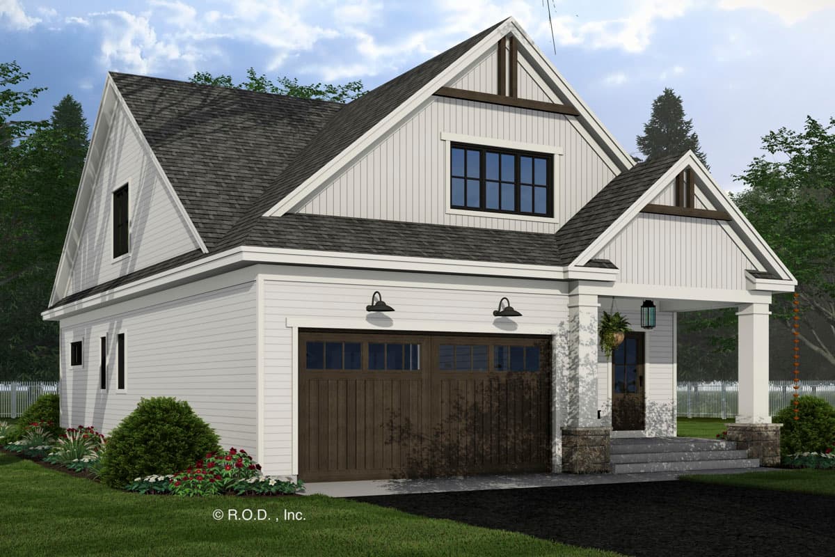 House plan exterior: Modern Farmhouse style, two-story, with a two-car garage, front porch, and gabled dormers.