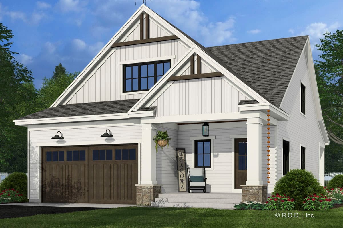 Modern Farmhouse house plan exterior, two stories, with a gabled roof, front porch, and a two-car garage.
