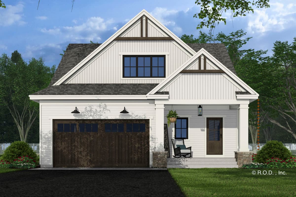 Modern Farmhouse house plan exterior with gable accents, vertical siding, covered porch with stone accents, and two-car garage.