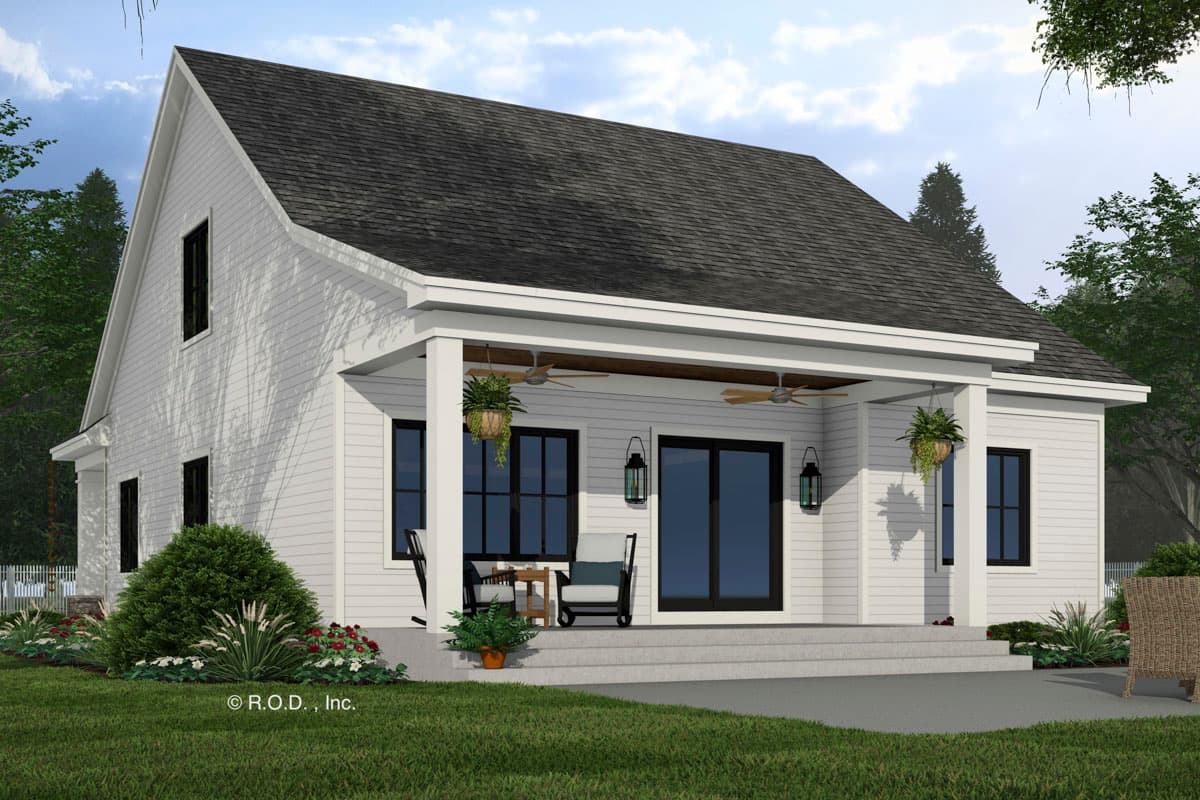 House plan exterior: Modern Farmhouse style, one story, with covered porch, gabled roofline, and dual front doors.