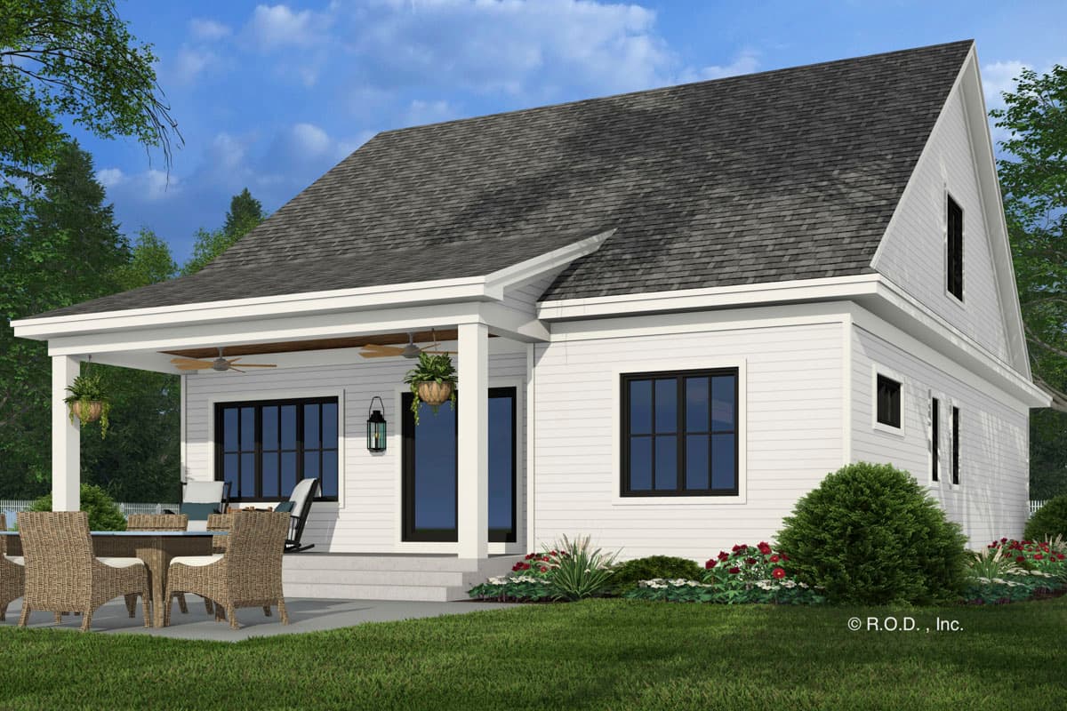 House plan exterior: One-story Modern Farmhouse with covered porch, gables, and horizontal siding.