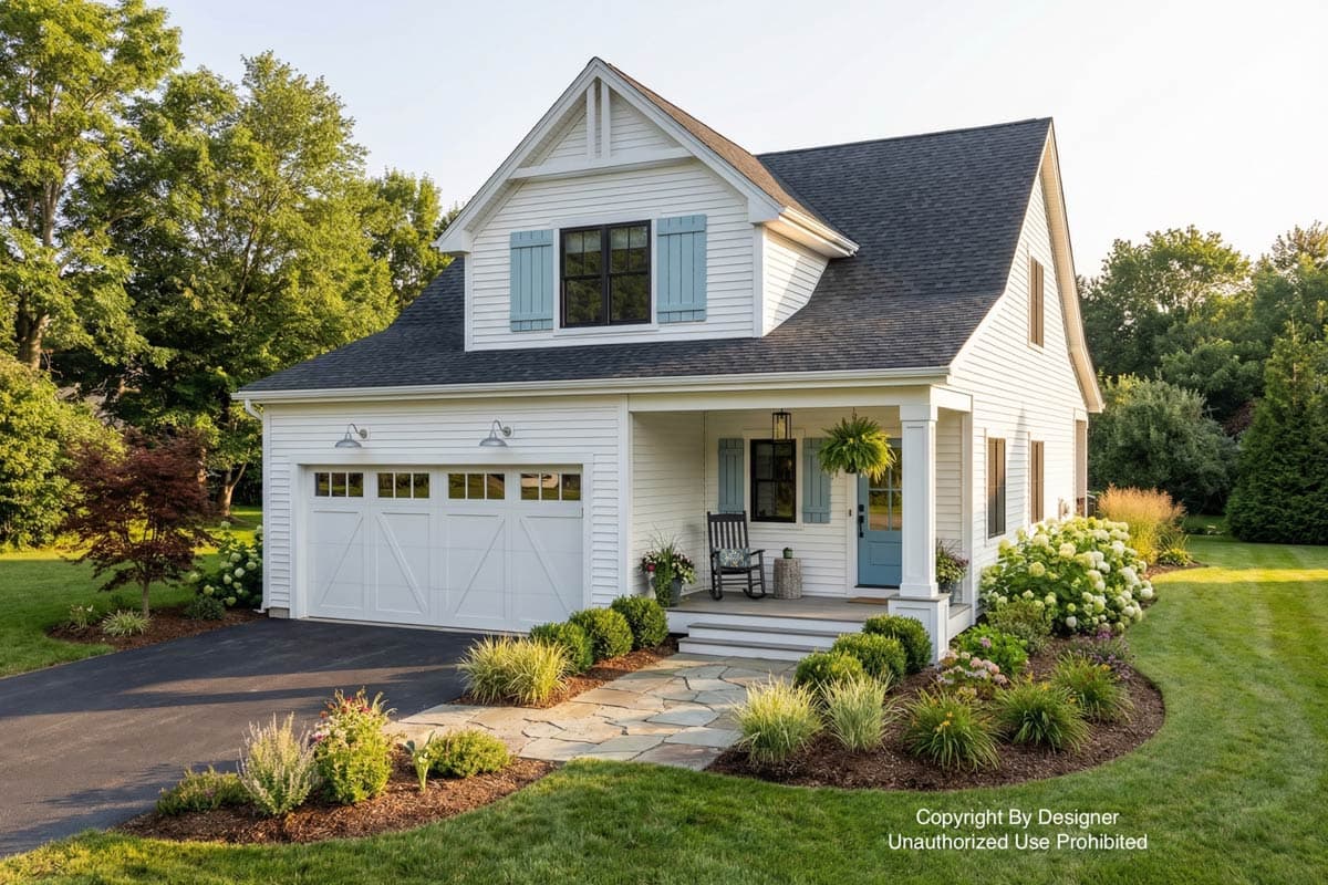 A charming white house with blue shutters, a black roof, and a welcoming porch. Lush landscaping surrounds the home, including a stone pathway.