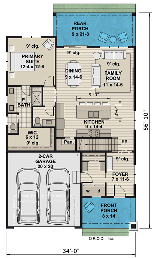 Plan 14825RK: Two-Story Country Farmhouse with Loft Above - 1995 Sq Ft - Floor Plan - Main Level - Country, Farmhouse