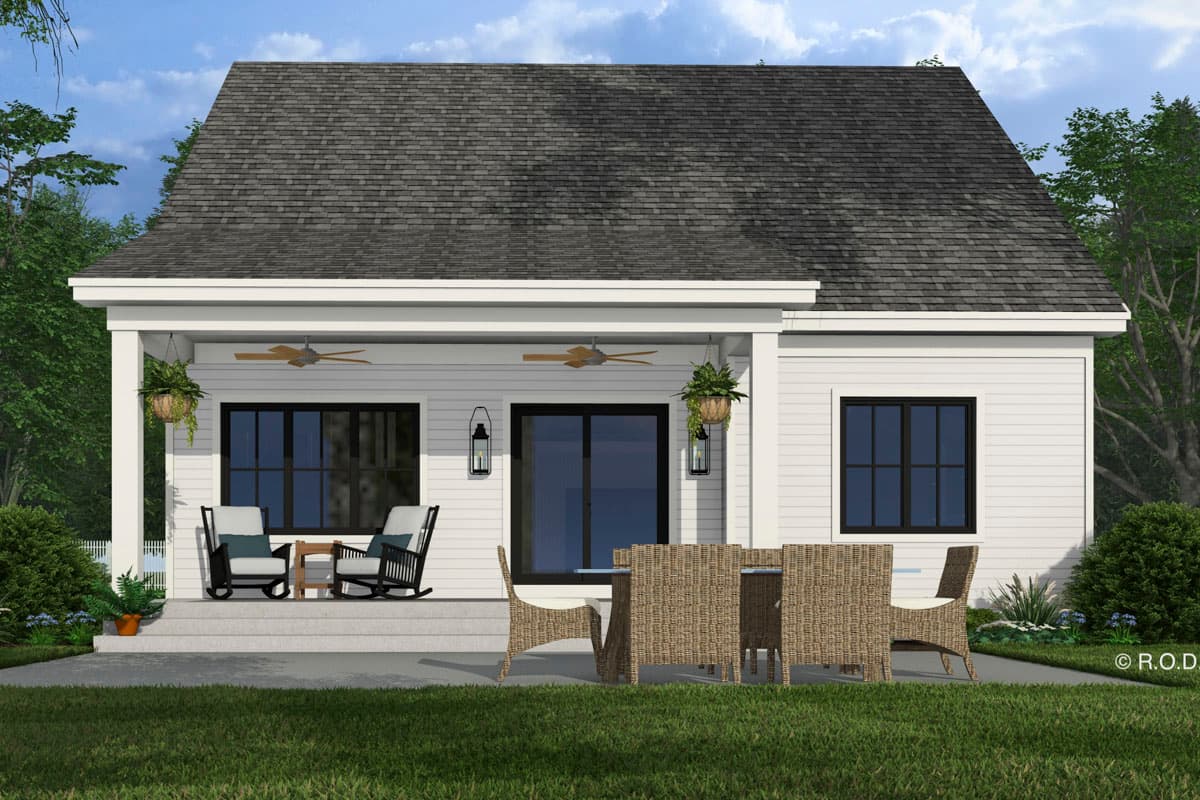 House plan exterior: One-story Modern Farmhouse with covered front porch, wide eaves, gabled roof, and horizontal siding.