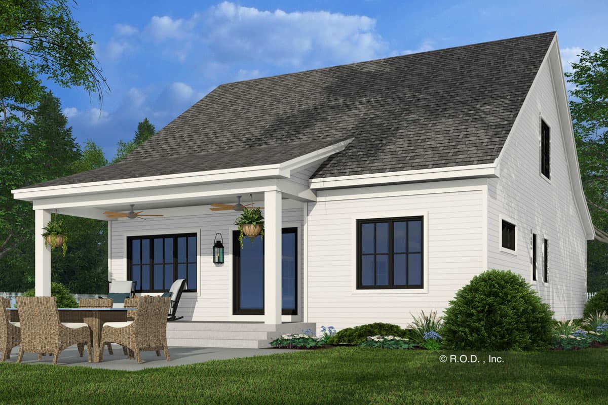 Modern Farmhouse style house plan exterior with a covered porch, multiple gables, and board-and-batten siding.