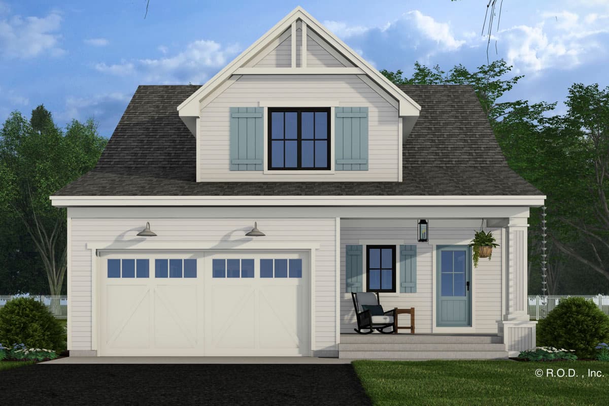 House plan exterior: Two-story modern farmhouse with a gable dormer, side-entry garage, and front porch.