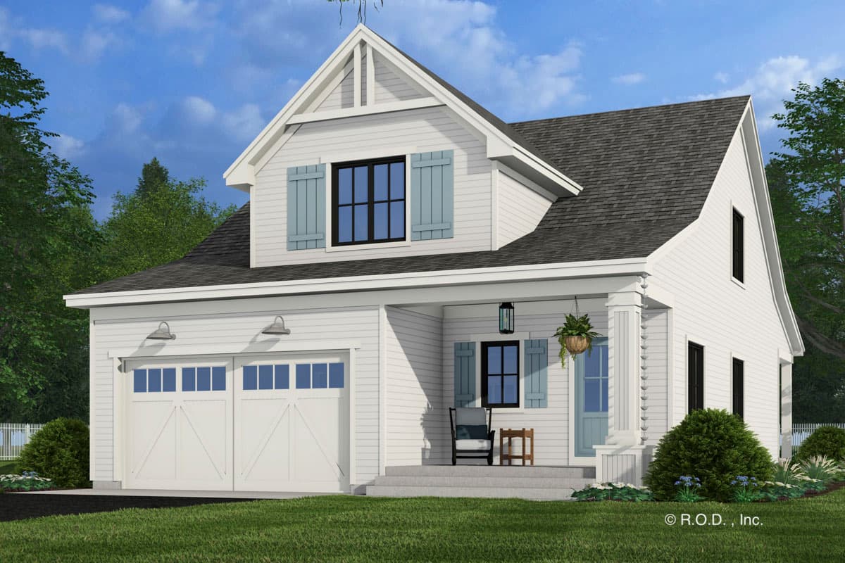 House plan exterior: Modern Farmhouse style, two stories, features twin garage doors, covered porch with gabled dormer, and board-and-batten siding.