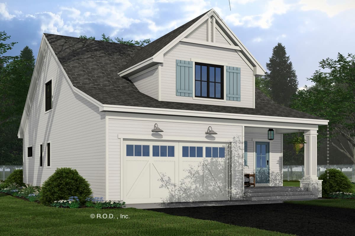 House plan exterior: Modern Farmhouse style, two stories, front-facing garage, covered porch, and prominent gable with decorative trim.