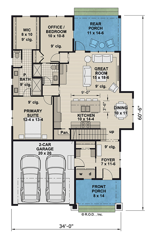 Plan 14829RK: 4-Bed Bungalow House Plan with Home Office - 2223 Sq Ft - Floor Plan - Main Level - Bungalow, Country, Craftsman