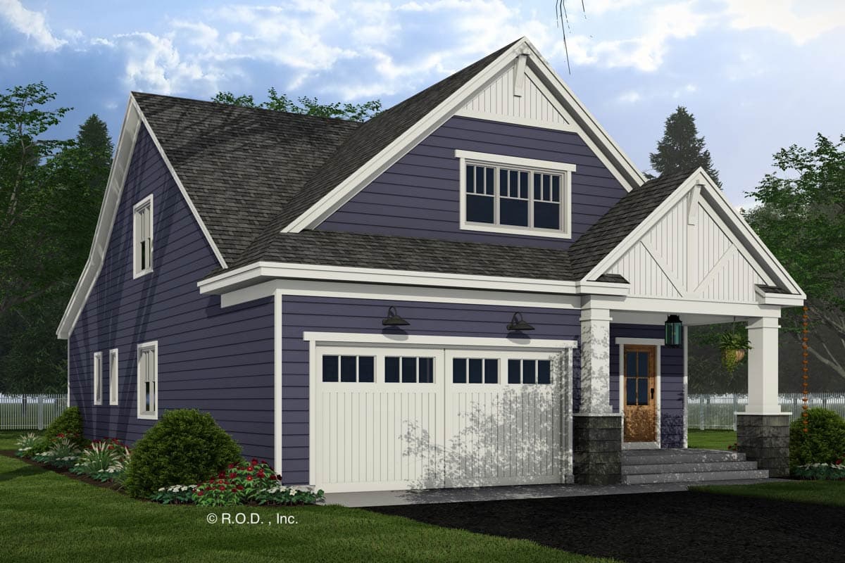 House plan exterior: Craftsman style, two stories, front-facing garage, gabled dormer, covered entry porch.