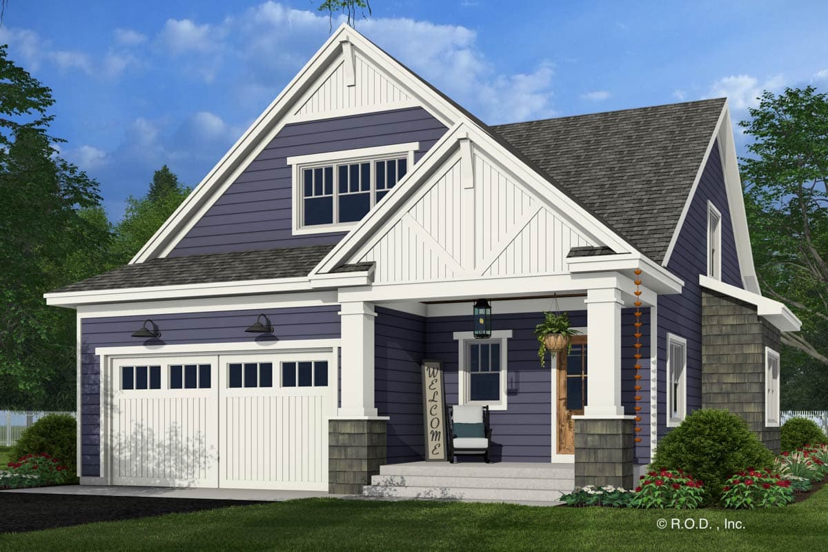 Craftsman style house plan exterior, two stories, featuring a covered porch, gables, and a side-facing garage.