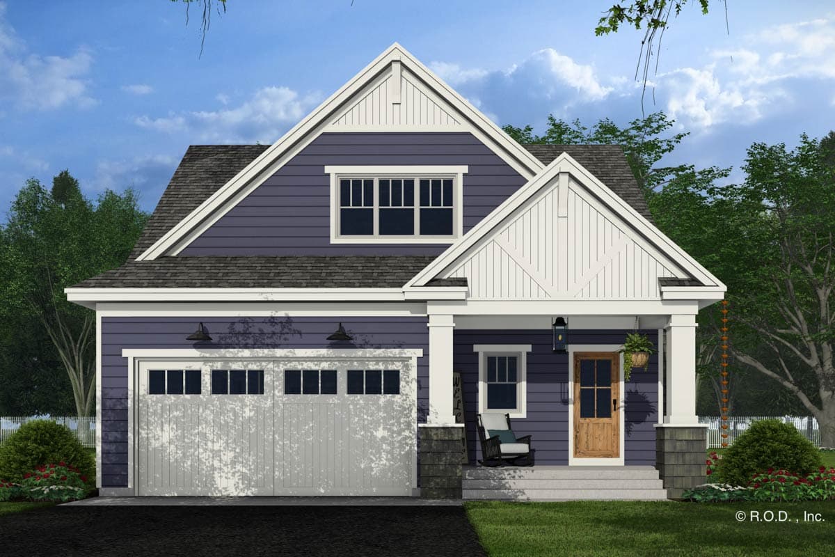 House plan exterior: Craftsman style, two-story, with a front-facing garage, covered porch with wood door, and gabled dormer.