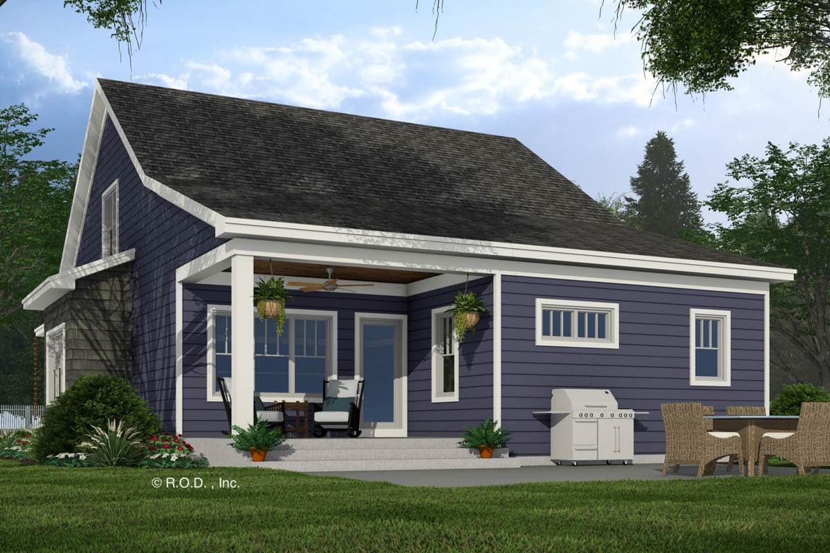 House plan exterior rendering of a two-story dwelling with a prominent gable, covered front porch with columns, and horizontal siding.