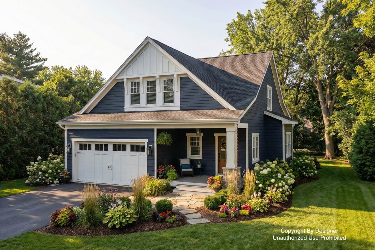 A two-story blue house with white trim and a white garage door. A porch with a small sitting area is in front. Landscaping surrounds the walkway.