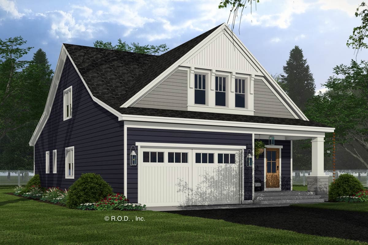 House plan exterior: Two-story home with a gable roof, dormer windows, covered front porch, and a two-car garage.