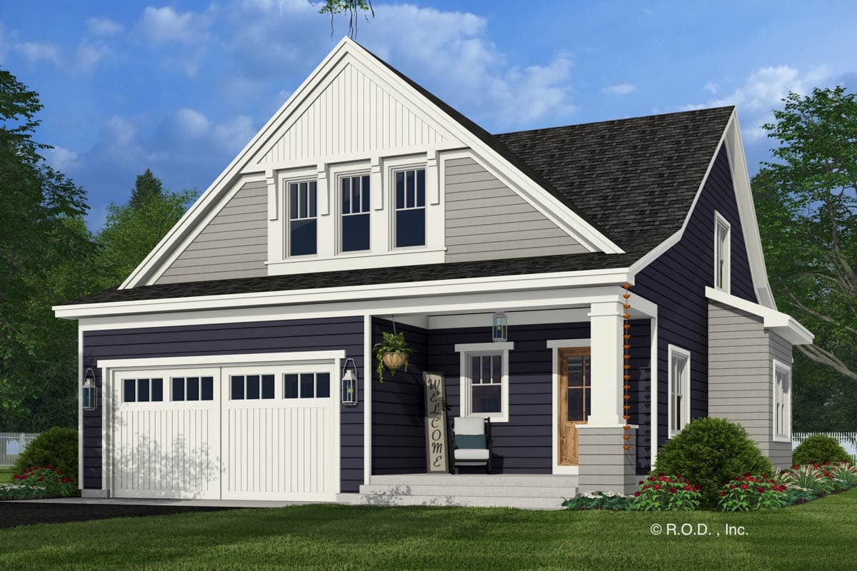 House plan exterior: Two-story Modern Farmhouse with prominent gable, covered porch, and front-facing garage.