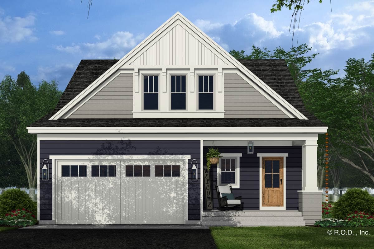 House plan exterior with gable roof, dormer, side-facing garage, and covered front porch.