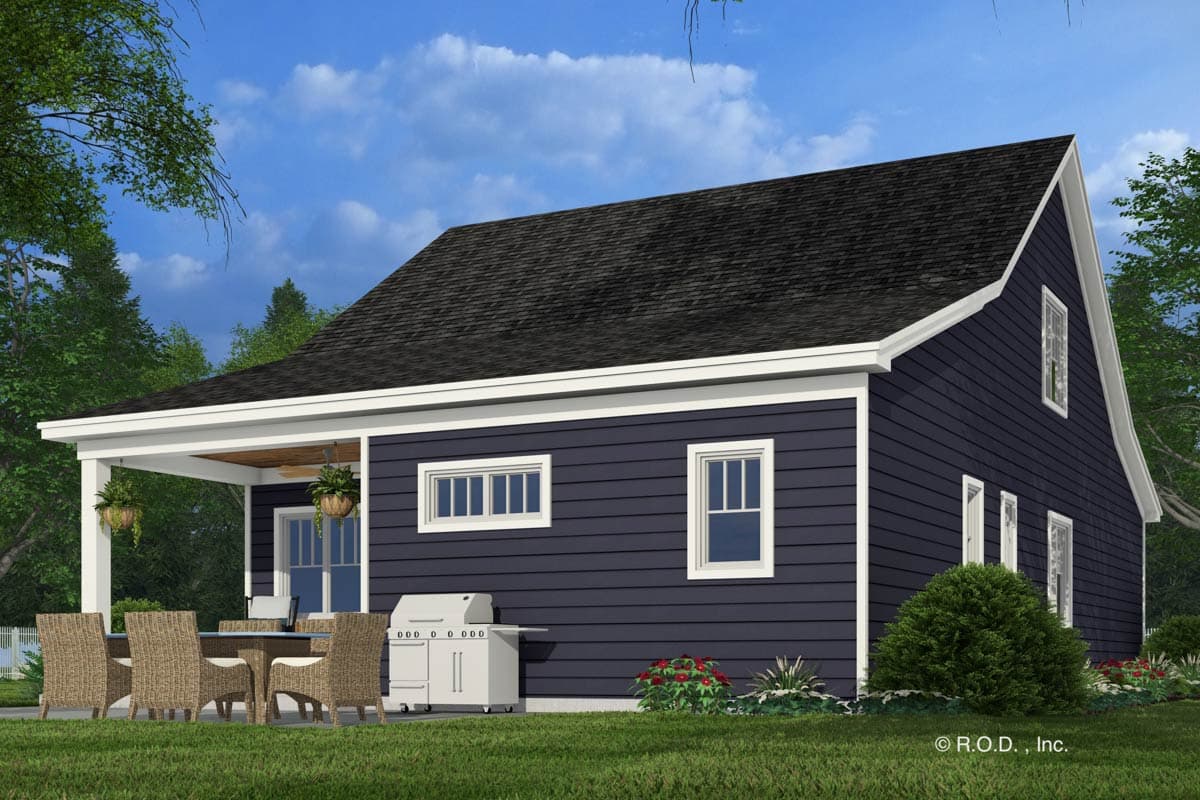 House plan exterior, one story, blue siding, white trim, covered porch, and multiple windows.