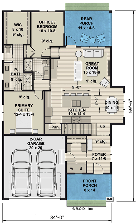 Plan 14831RK: 4-Bed Craftsman House Plan with Loft - 2223 Sq Ft - Floor Plan - Main Level - Country, Craftsman, Traditional
