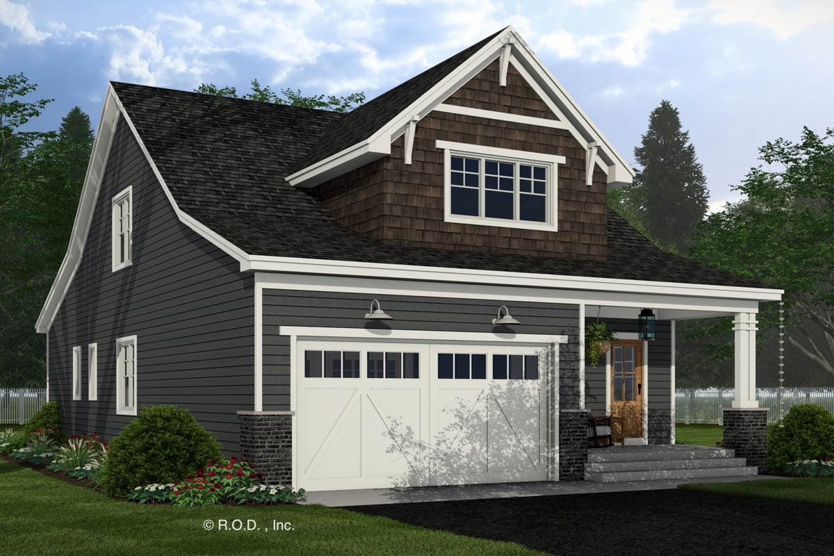 House plan exterior: Traditional style with a prominent gable, shingle siding, and a covered front porch with columns.