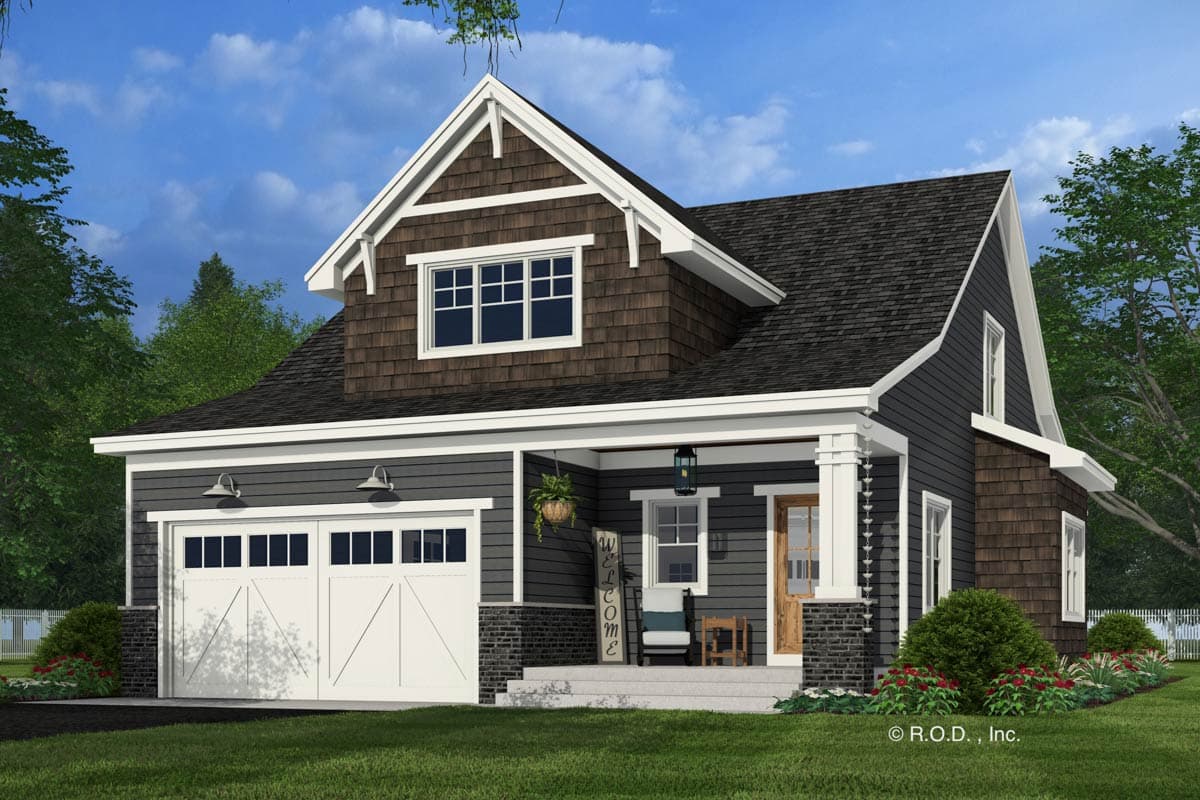 House plan exterior of a two-story Modern Farmhouse with a front-facing garage, covered porch, and shaker and shingle siding.