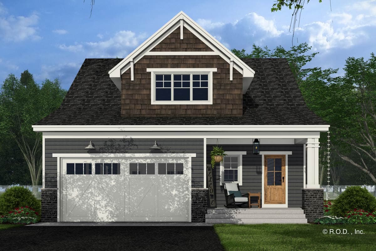 Craftsman-style house plan exterior with a prominent front gable, shingle siding, covered porch, and a two-car garage.