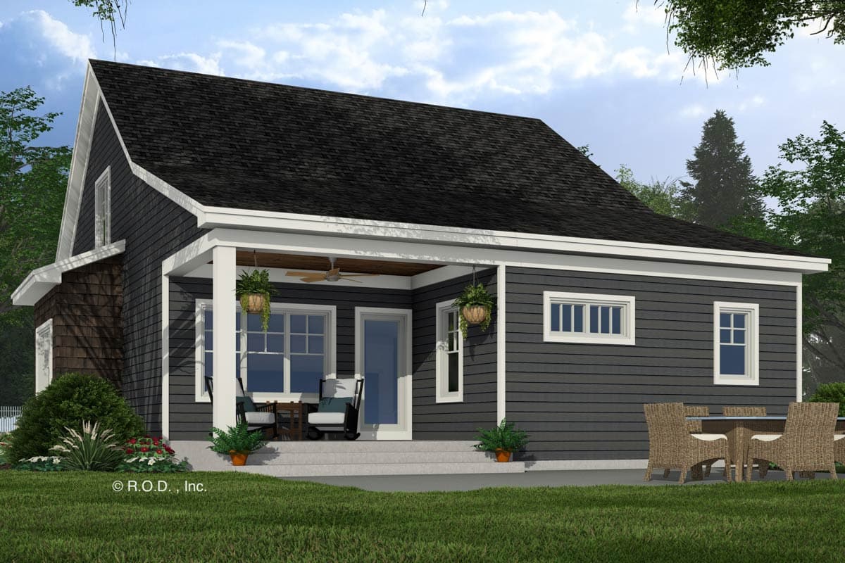 House plan exterior with dark siding, a front covered porch with ceiling fan, and gabled rooflines. Rendered exterior.