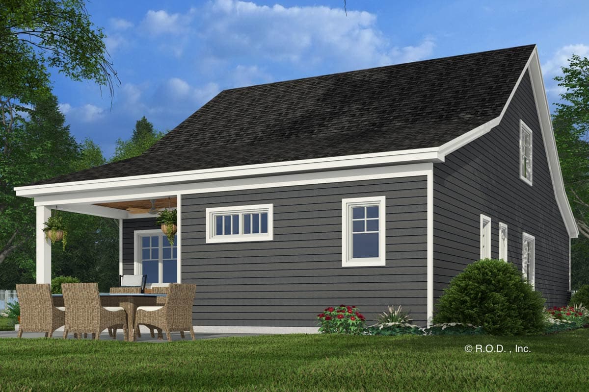 House plan exterior: One-story dwelling with a covered porch, horizontal siding, and multiple gabled roof dormers.