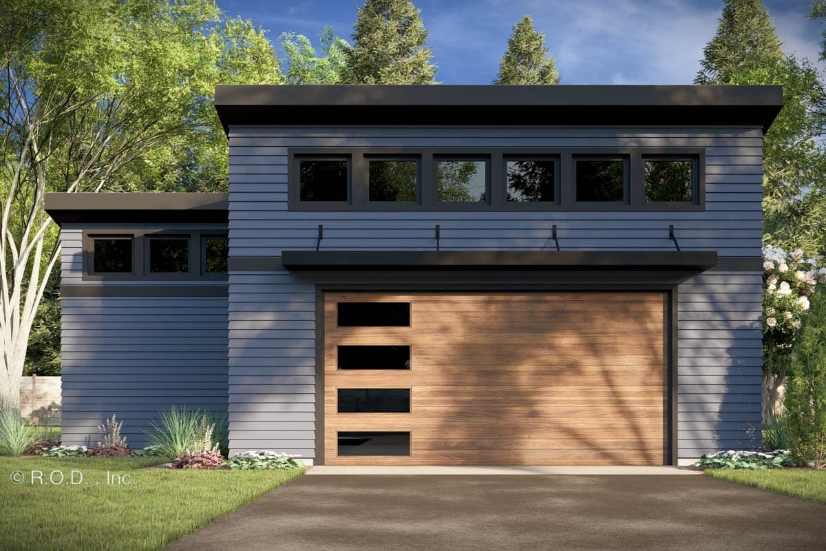 Modern house plan exterior with horizontal siding, flat roof, a wood garage door with glass panes, and a band of windows above.