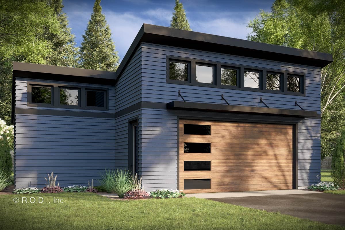 Modern house plan exterior with horizontal siding, a shed roof, and a wood-grain garage door with integrated windows. Two stories.