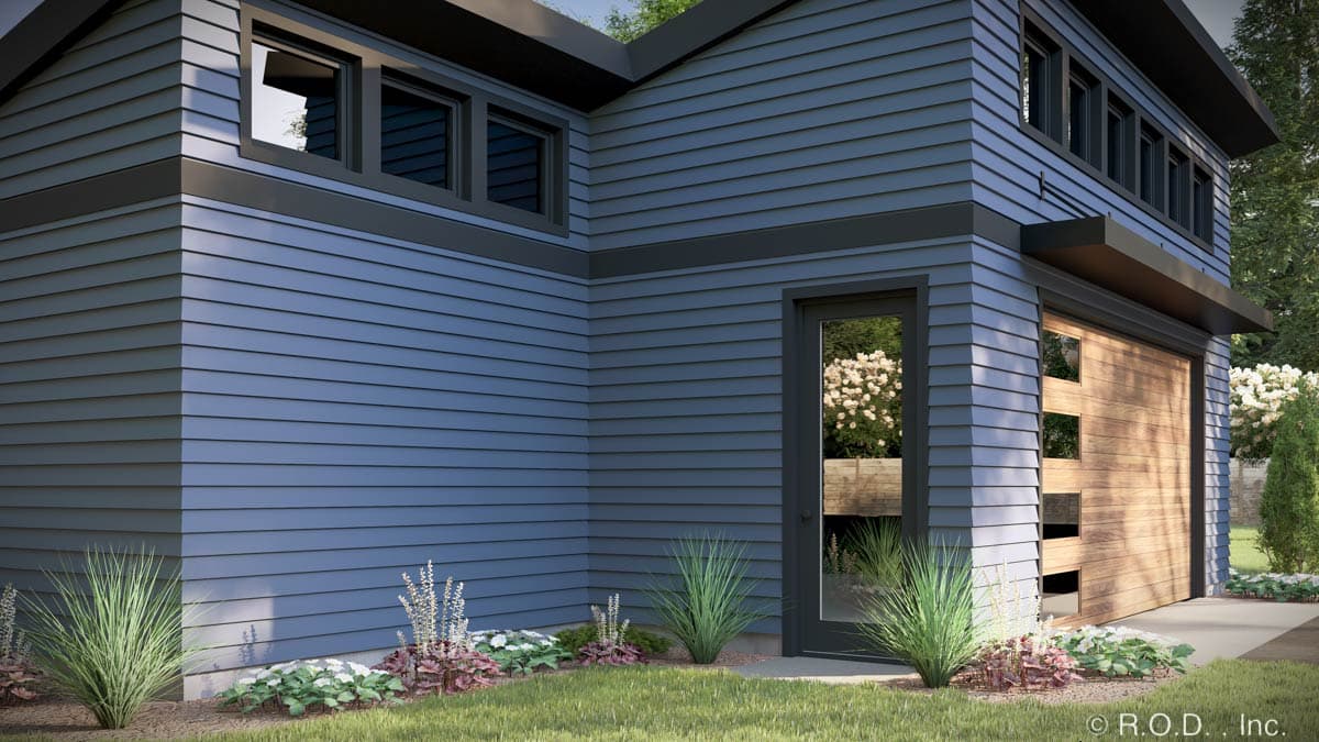 Modern house plan exterior with horizontal siding, deep eaves, and a wood-paneled garage door with horizontal windows.