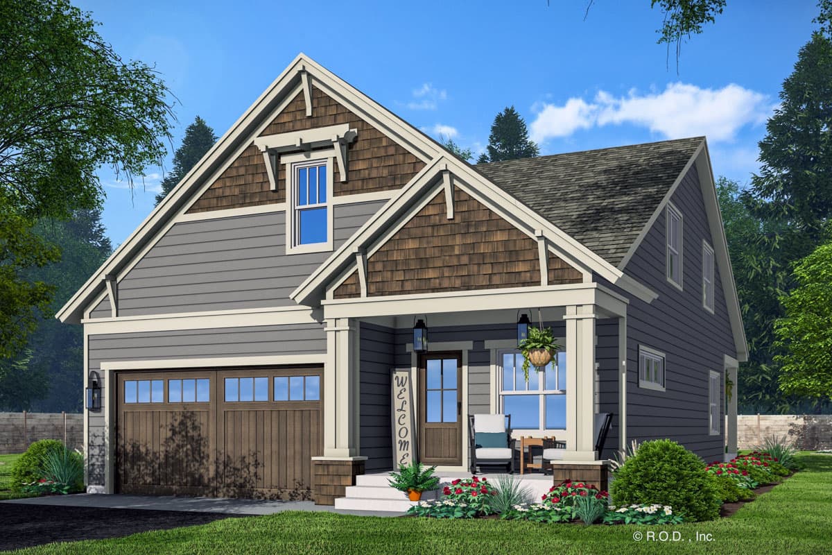 House plan exterior. Two-story Craftsman with front gable, porch, and a side-entry garage. Features shake siding and decorative brackets.
