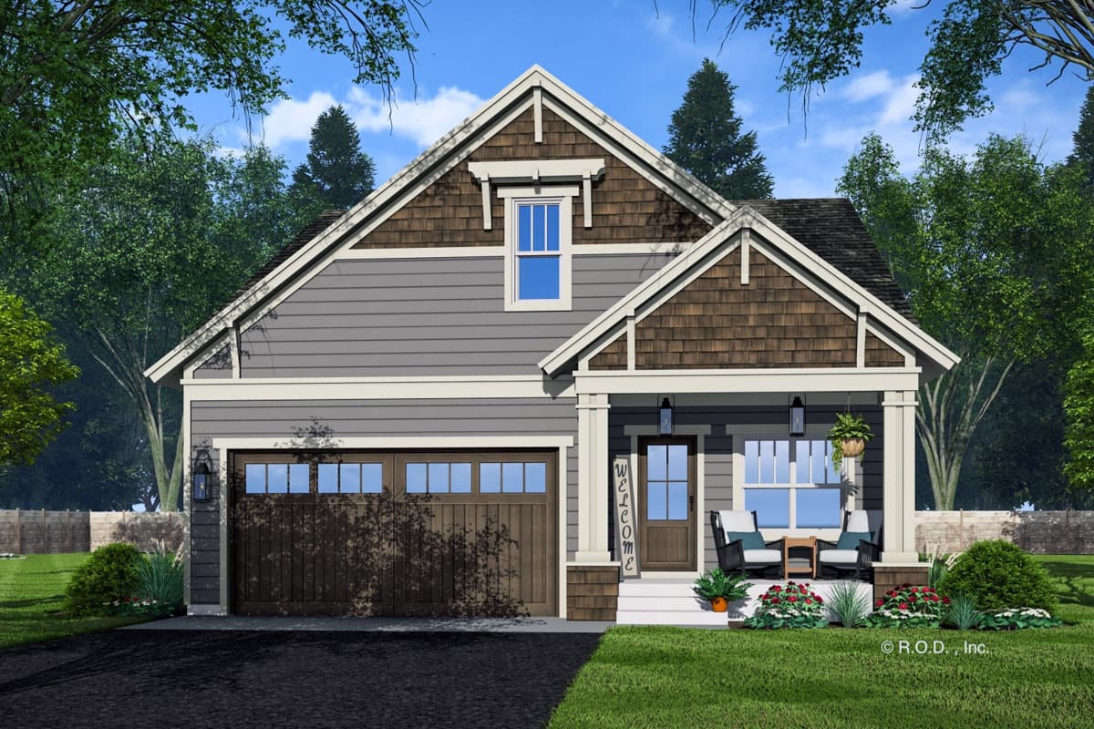 Craftsman house plan exterior with a front-facing garage, covered porch with columns, gabled dormer, and stacked siding and shingle textures.