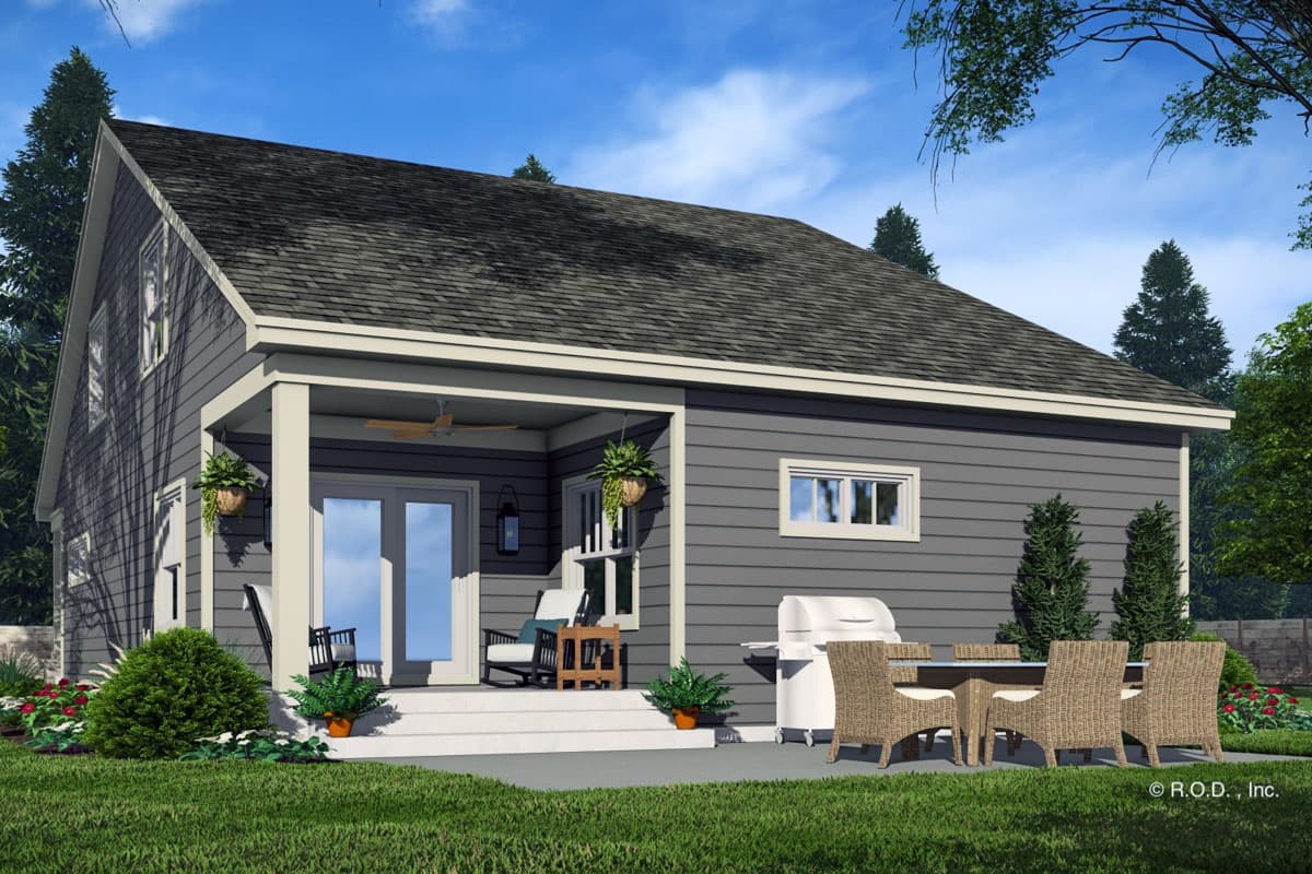 House plan exterior, two stories, gable roof, covered front porch with double doors, and a bay window.