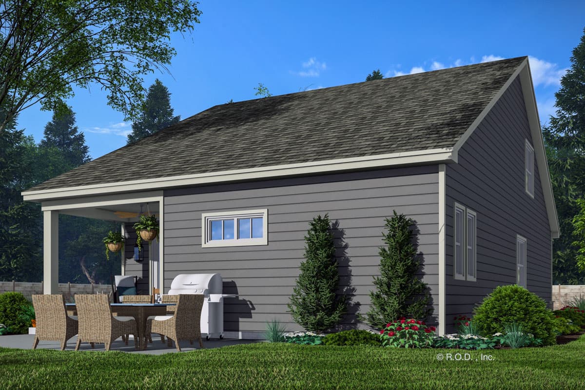 House plan exterior: A two-story home with a covered porch, horizontal siding, and a gabled roof.