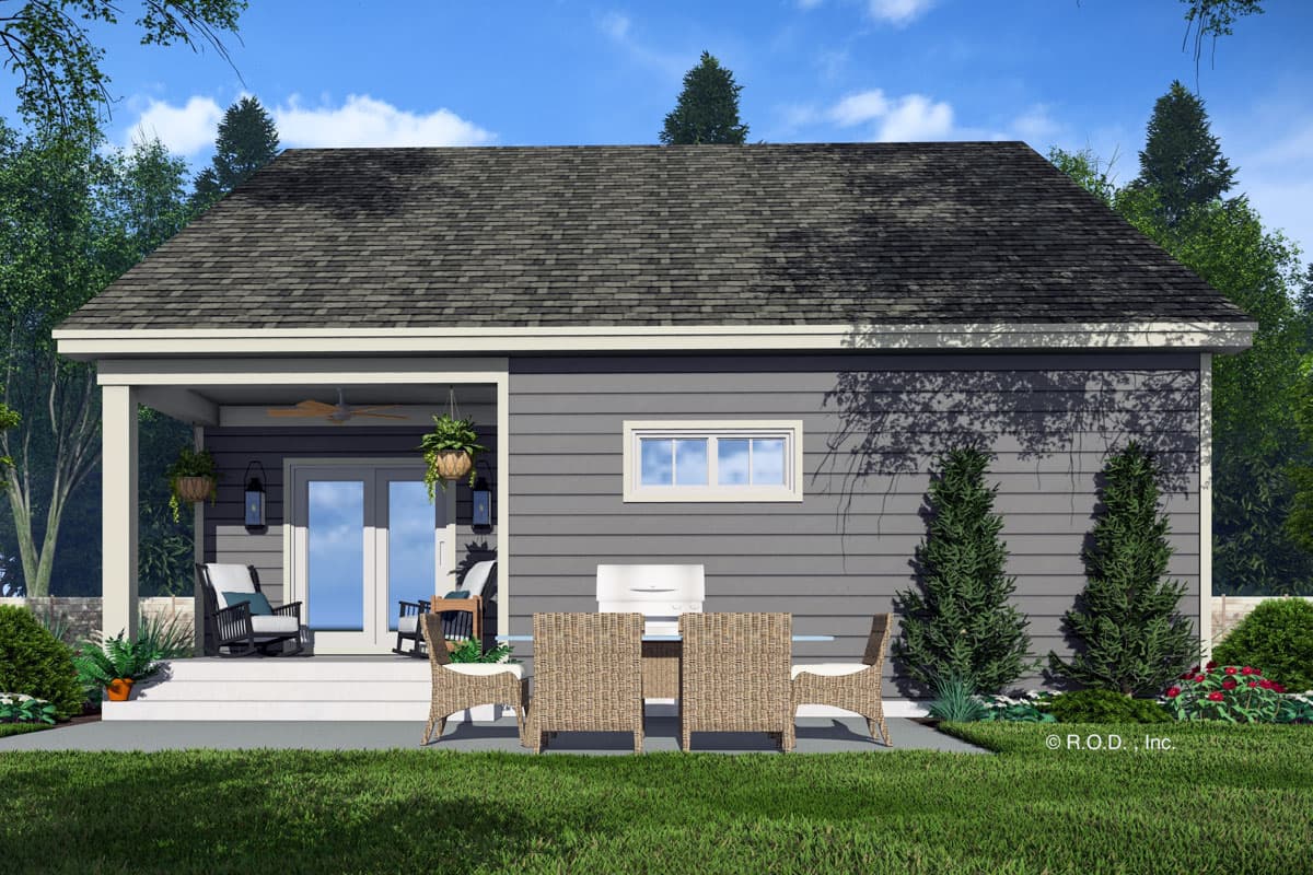 House plan exterior view of a one-story home with a covered porch, double doors, and a single window.