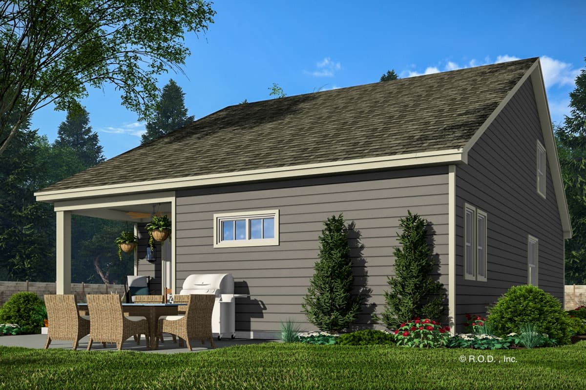 House plan exterior: One-story dwelling with a covered porch, horizontal siding, and a hip roof.