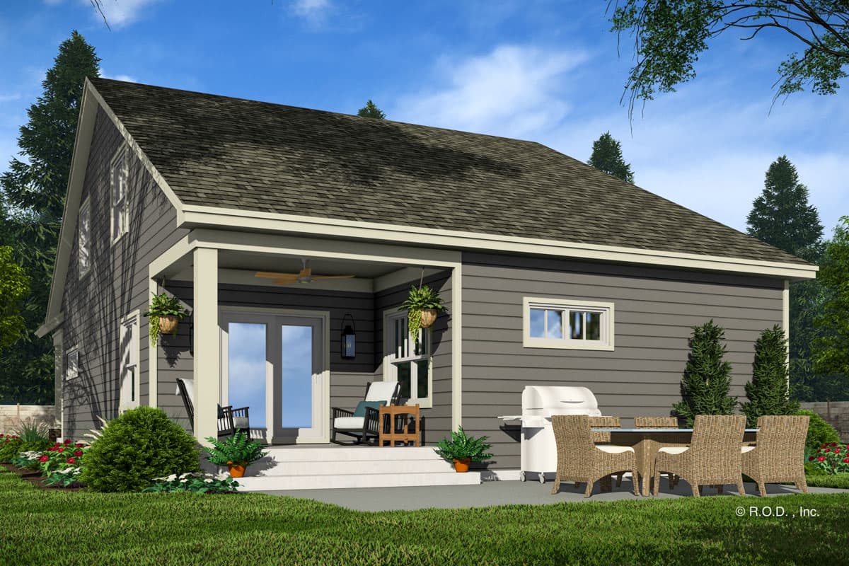 House plan exterior: Two-story house with a covered front porch, gabled roof, and horizontal siding.