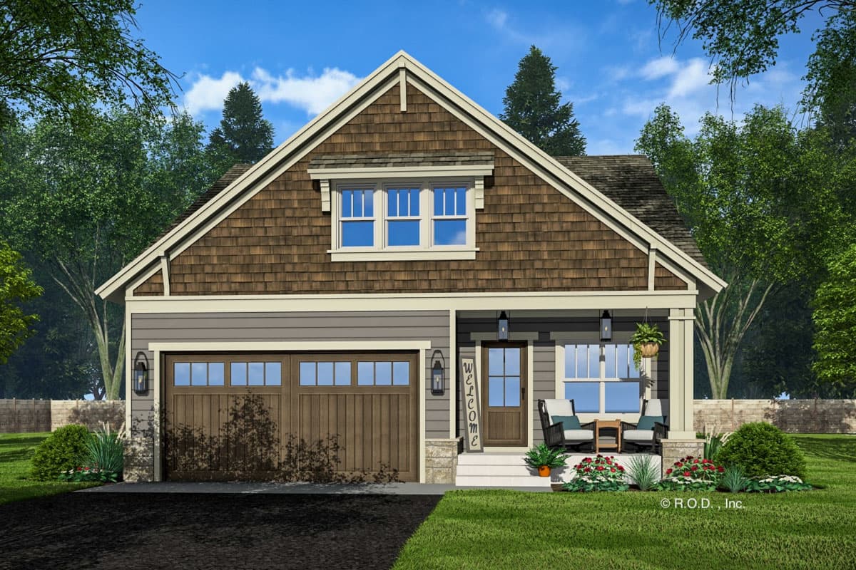 House plan exterior featuring a Craftsman style with a gable roof, covered porch, and attached garage. Two story with shake siding.