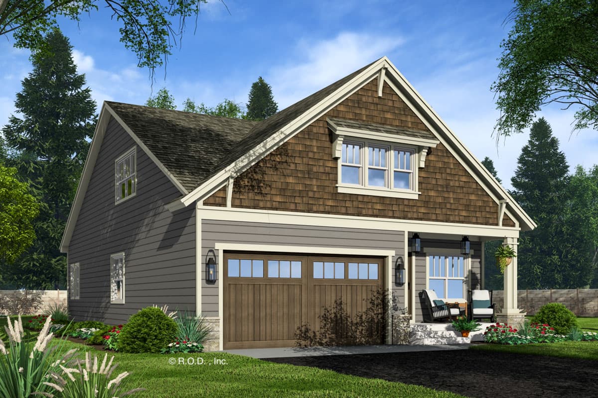 House plan exterior: Craftsman style, one-story with a dormer, gable accents, wood garage door, and covered front porch with seating.