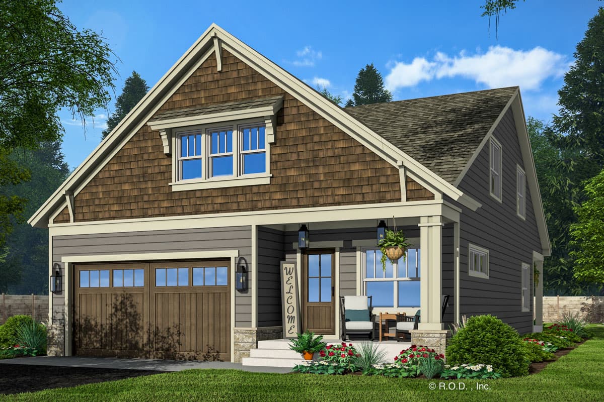 House plan exterior: Two-story home with front-facing garage, covered porch with columns, shingle accent siding, and gable dormers.