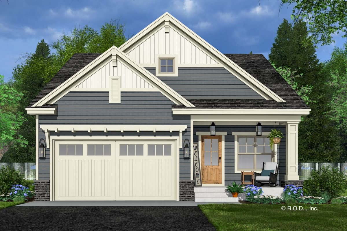 House plan exterior, Craftsman style, single story, with double garage, covered front porch, and prominent gables.